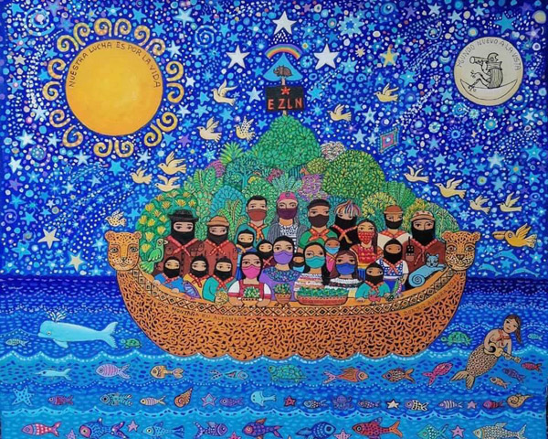 Illustration of a boat shaped like a jaguar with two heads at each end, compas zapatistas are on it. The background is blue with a combination of stars, birds and comets. The sea is full of different sea animals and there's a mermaid on the right side. The artist is Beatriz Aurora.